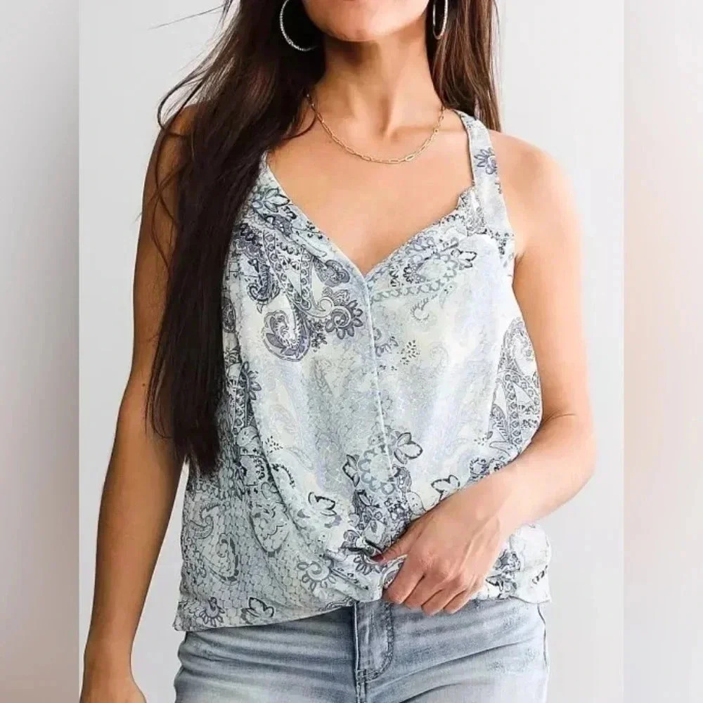 Daytrip Buckle Metallic Surplice Tank Top blue size M